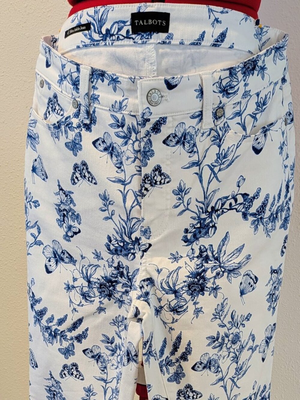 Sz 6 Talbots Ankle Jean Blue White Toile Floral Butterfly Print Denim Pants